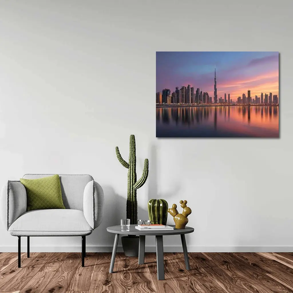 Dubai Skyline Burj Khalifa Sunset Reflection – Wall Art