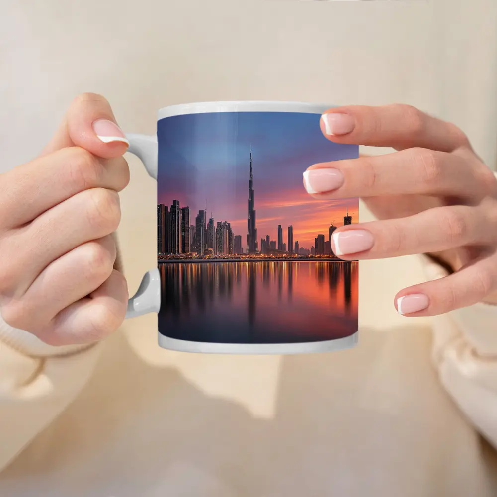 Dubai Skyline Burj Khalifa Sunset Reflection – Mugs