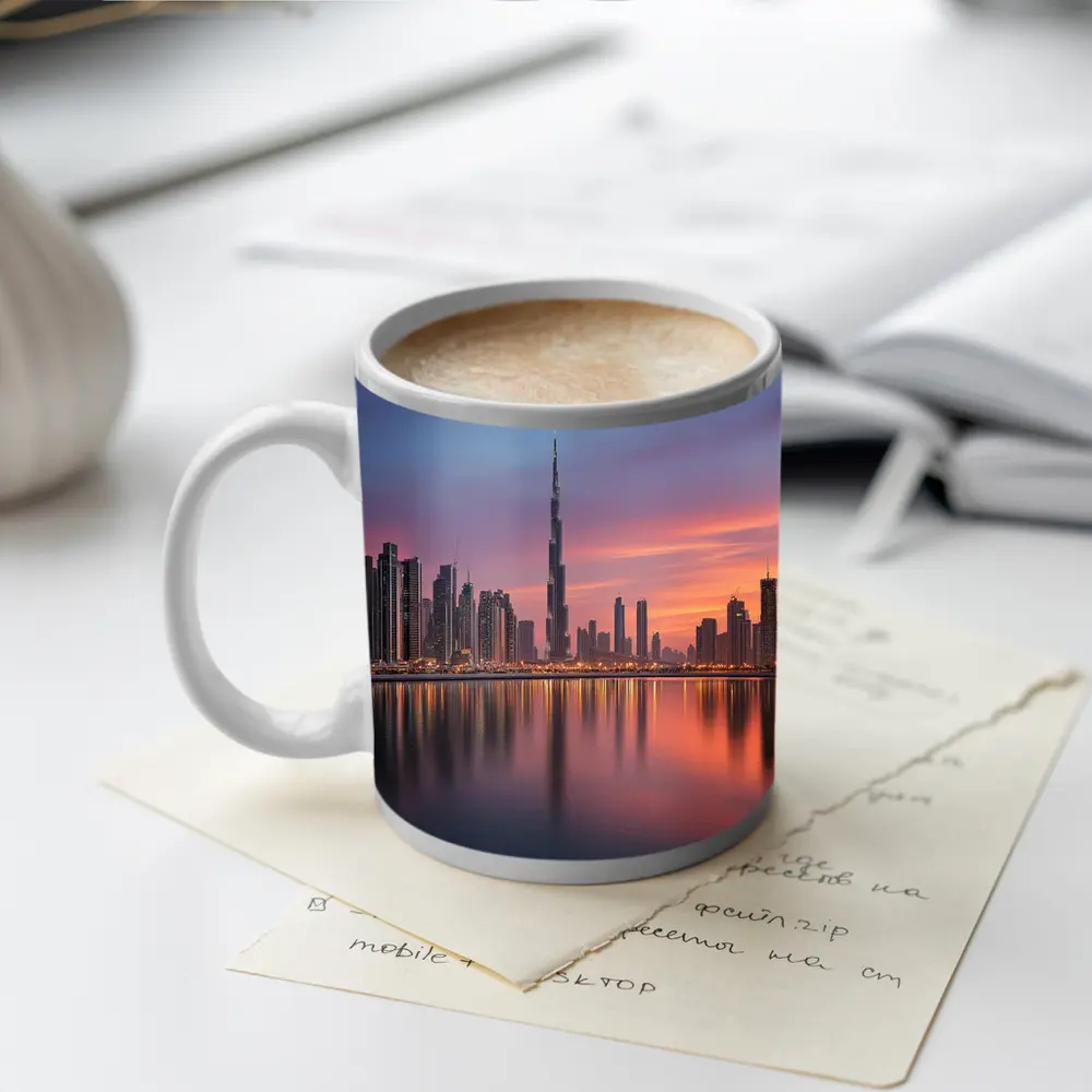 Dubai Skyline Burj Khalifa Sunset Reflection – Mugs