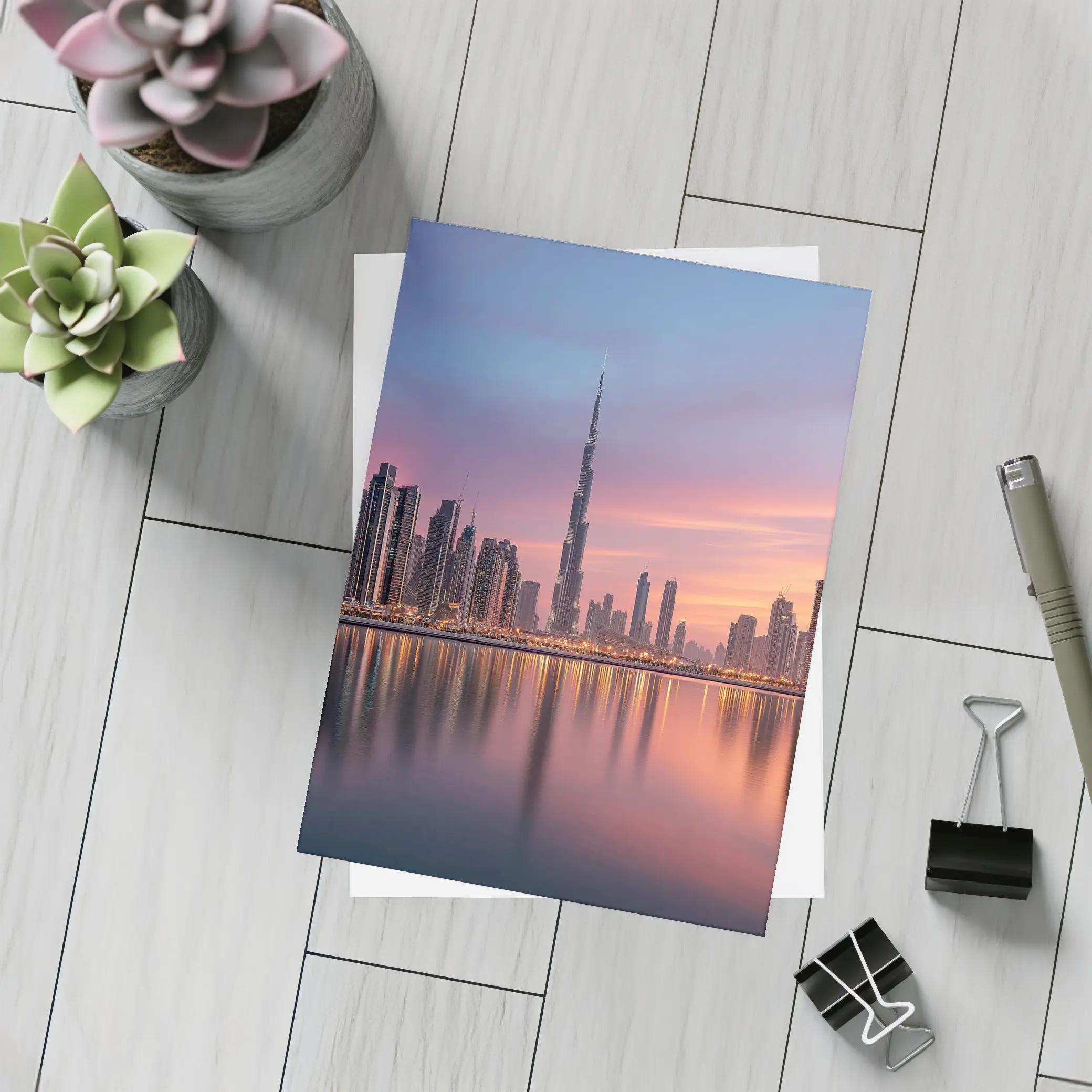 Dubai Skyline Burj Khalifa Sunset Reflection – Postcards