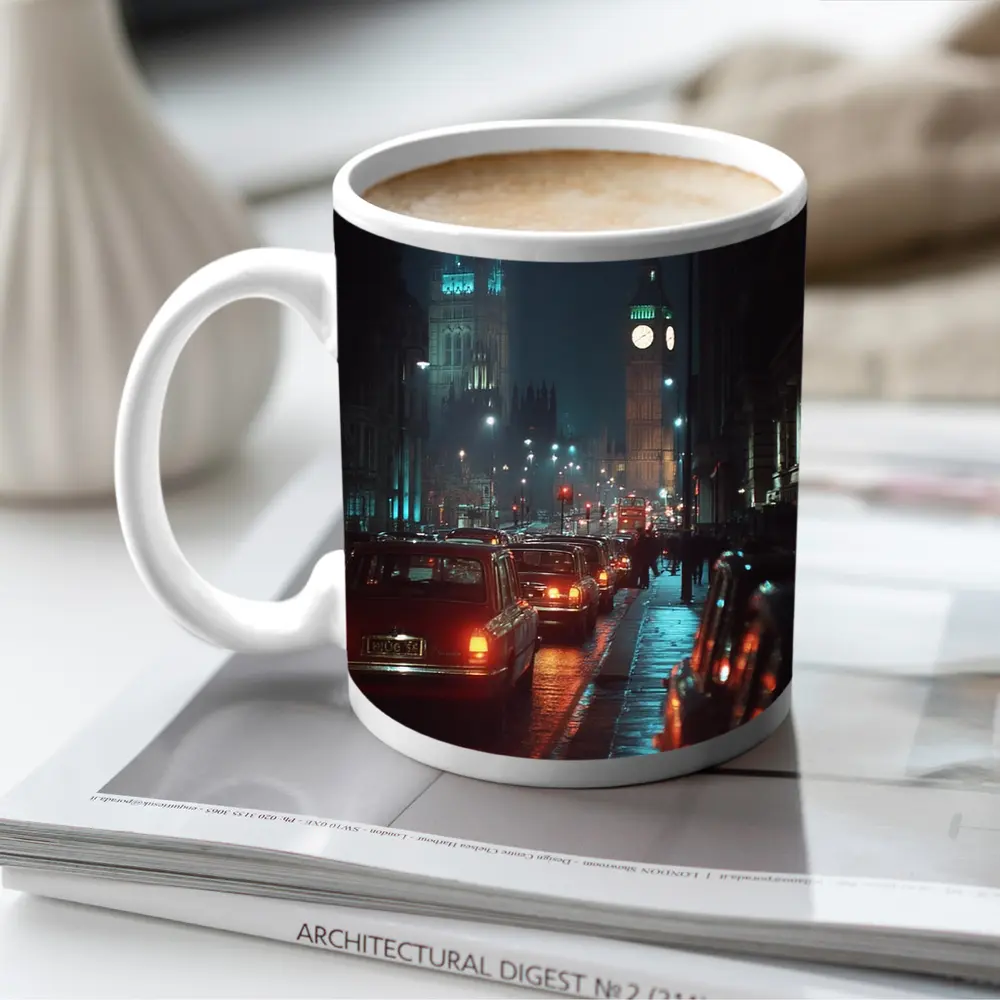 London Big Ben Night Rainy Street Scene – Mugs
