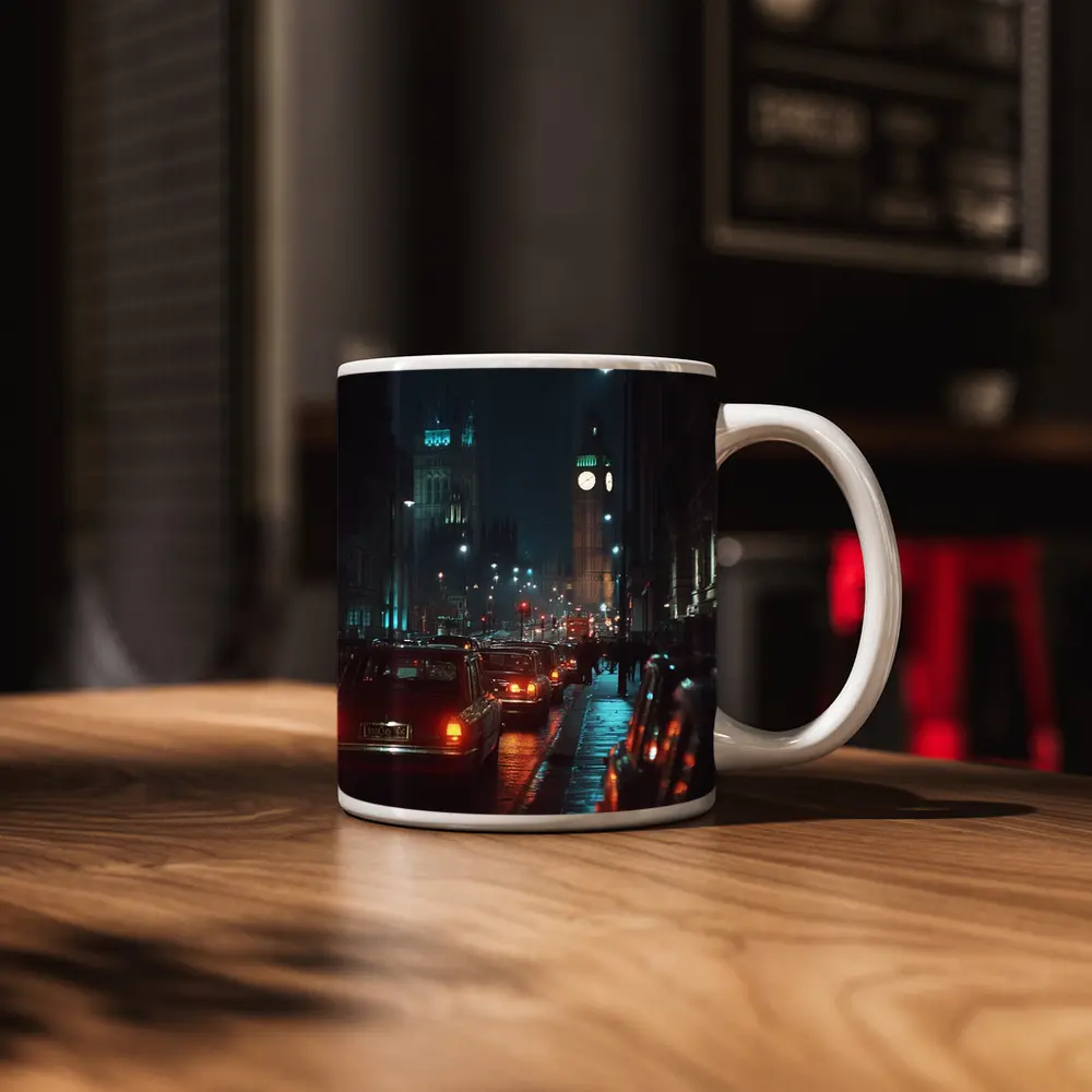 London Big Ben Night Rainy Street Scene – Mugs