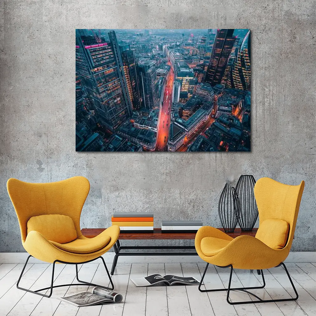 London City Skyline Aerial Dusk View – Wall Art