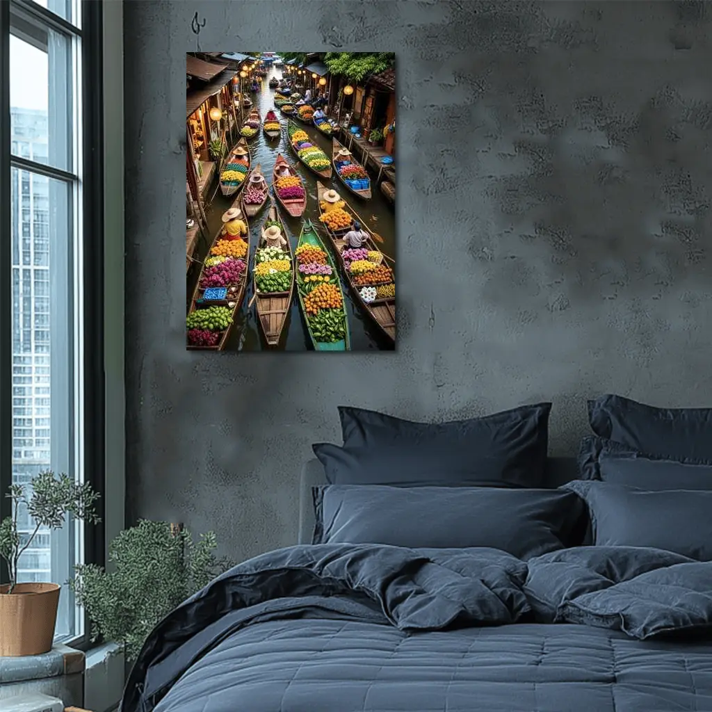 Thailand Floating Market Canal Boats Flowers – Wall Art
