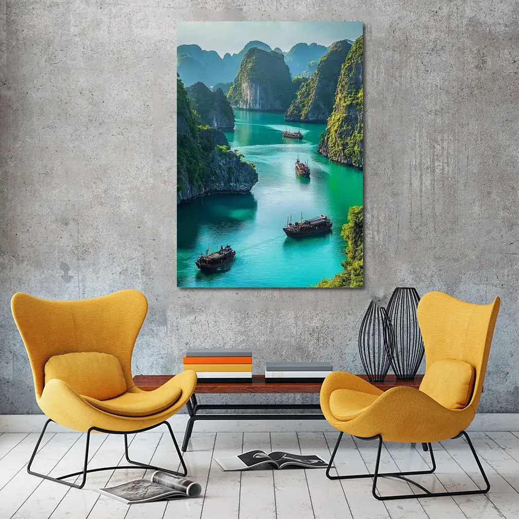 Ha Long Bay Karst Cliffs Traditional Boats Vietnam – Wall Art