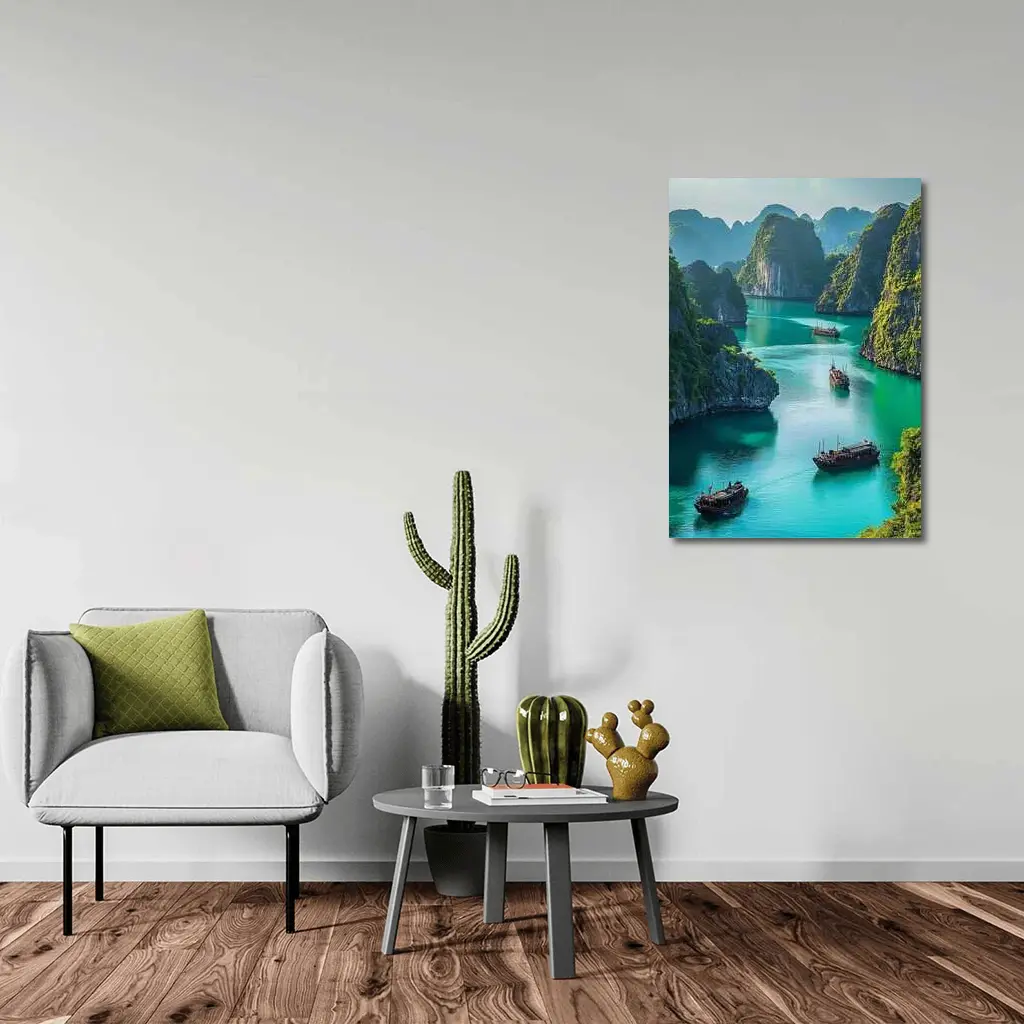 Ha Long Bay Karst Cliffs Traditional Boats Vietnam – Wall Art