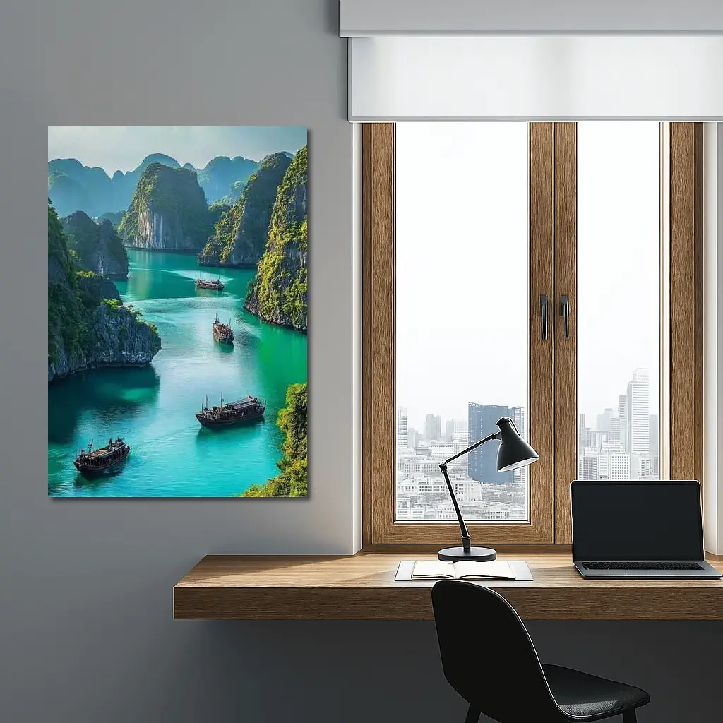 Ha Long Bay Karst Cliffs Traditional Boats Vietnam – Wall Art