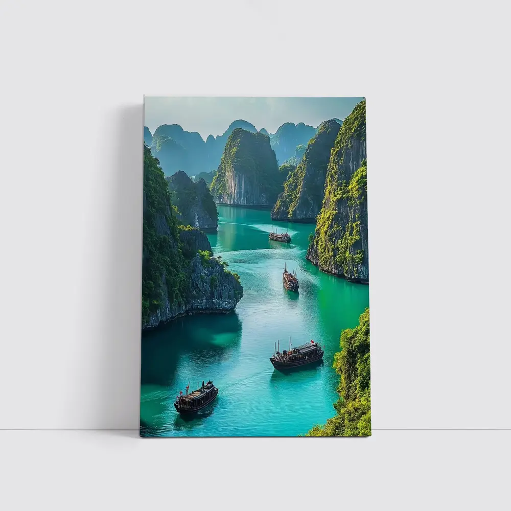 Ha Long Bay Karst Cliffs Traditional Boats Vietnam – Wall Art