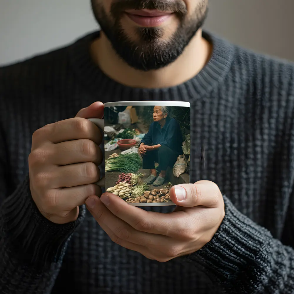Elderly Woman Selling Vegetables Street Market – Mugs