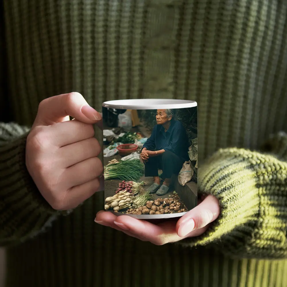 Elderly Woman Selling Vegetables Street Market – Mugs