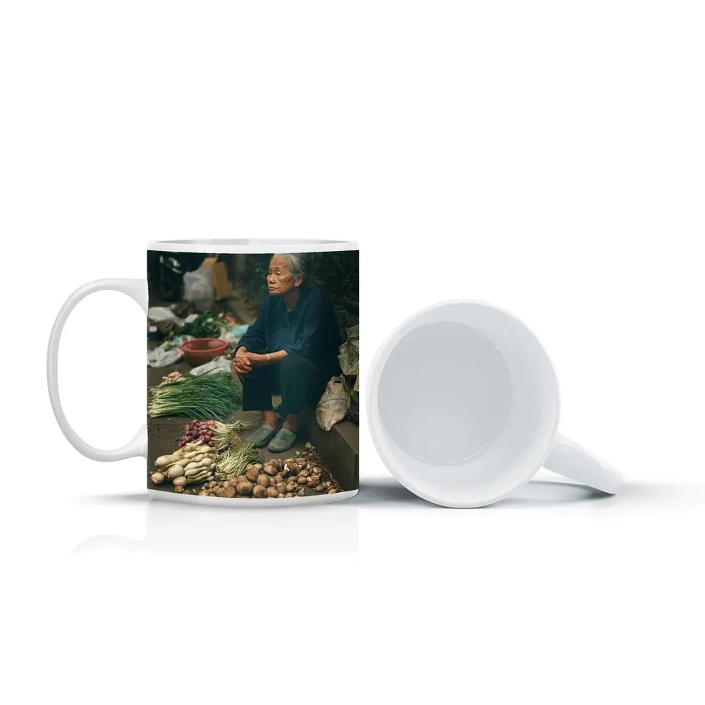 Elderly Woman Selling Vegetables Street Market – Mugs
