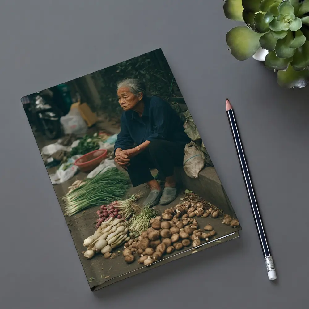 Elderly Woman Selling Vegetables Street Market – Notebooks