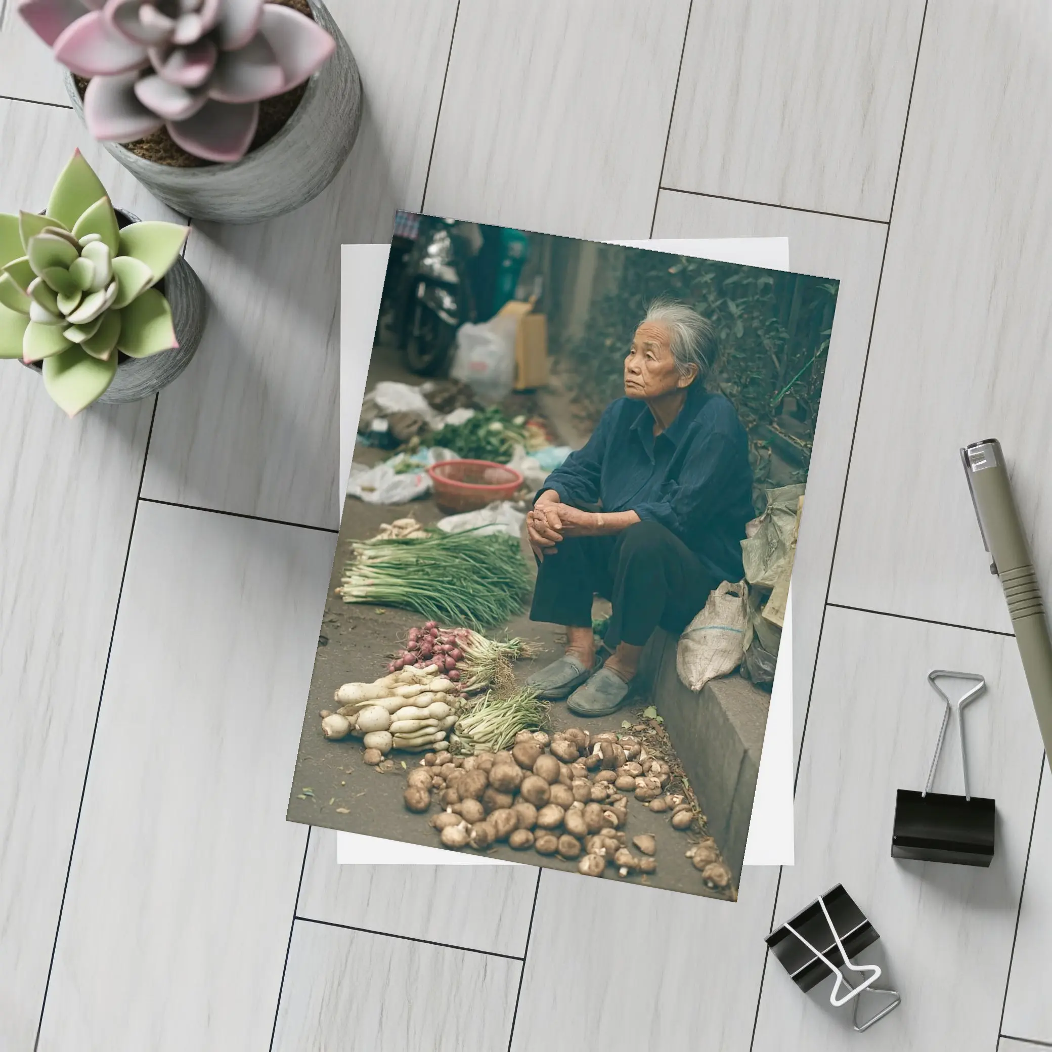 Elderly Woman Selling Vegetables Street Market – Postcards