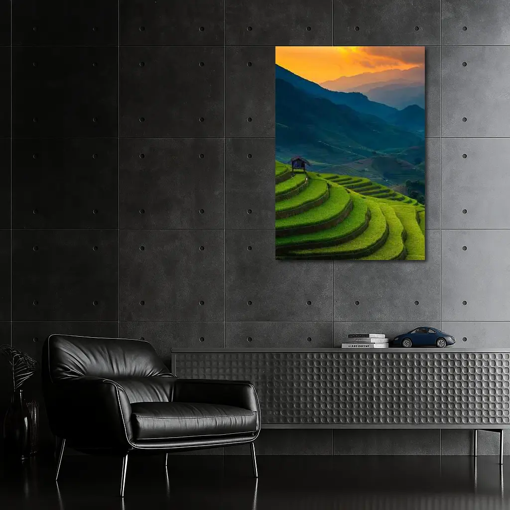 Rice Fields Sunset Mountain Valley Landscape – Wall Art