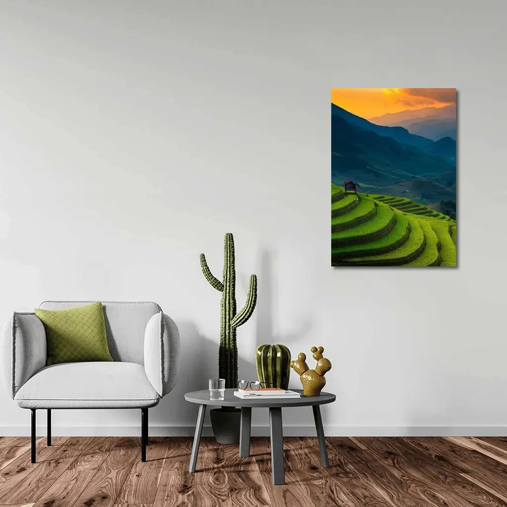 Rice Fields Sunset Mountain Valley Landscape – Wall Art