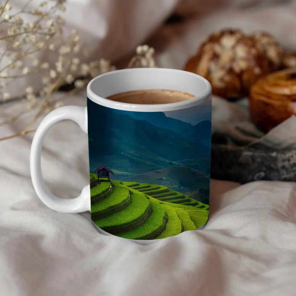 Rice Fields Sunset Mountain Valley Landscape – Mugs
