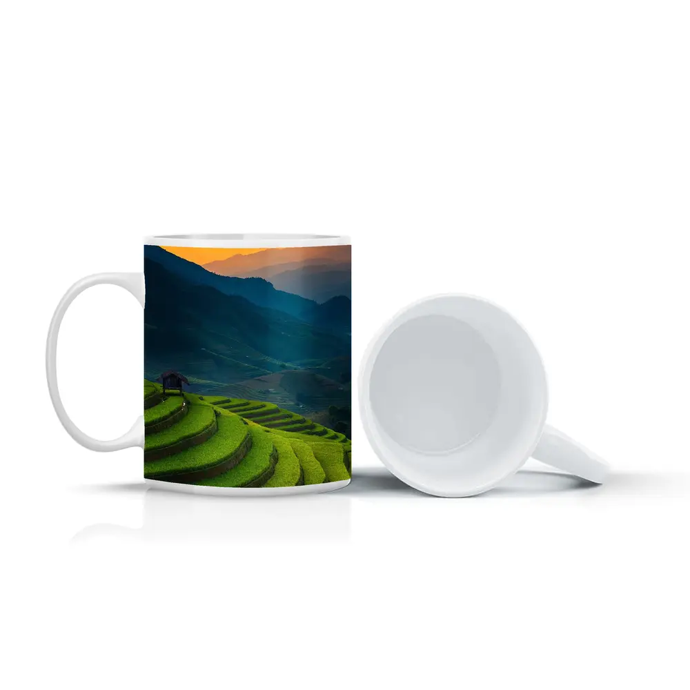 Rice Fields Sunset Mountain Valley Landscape – Mugs