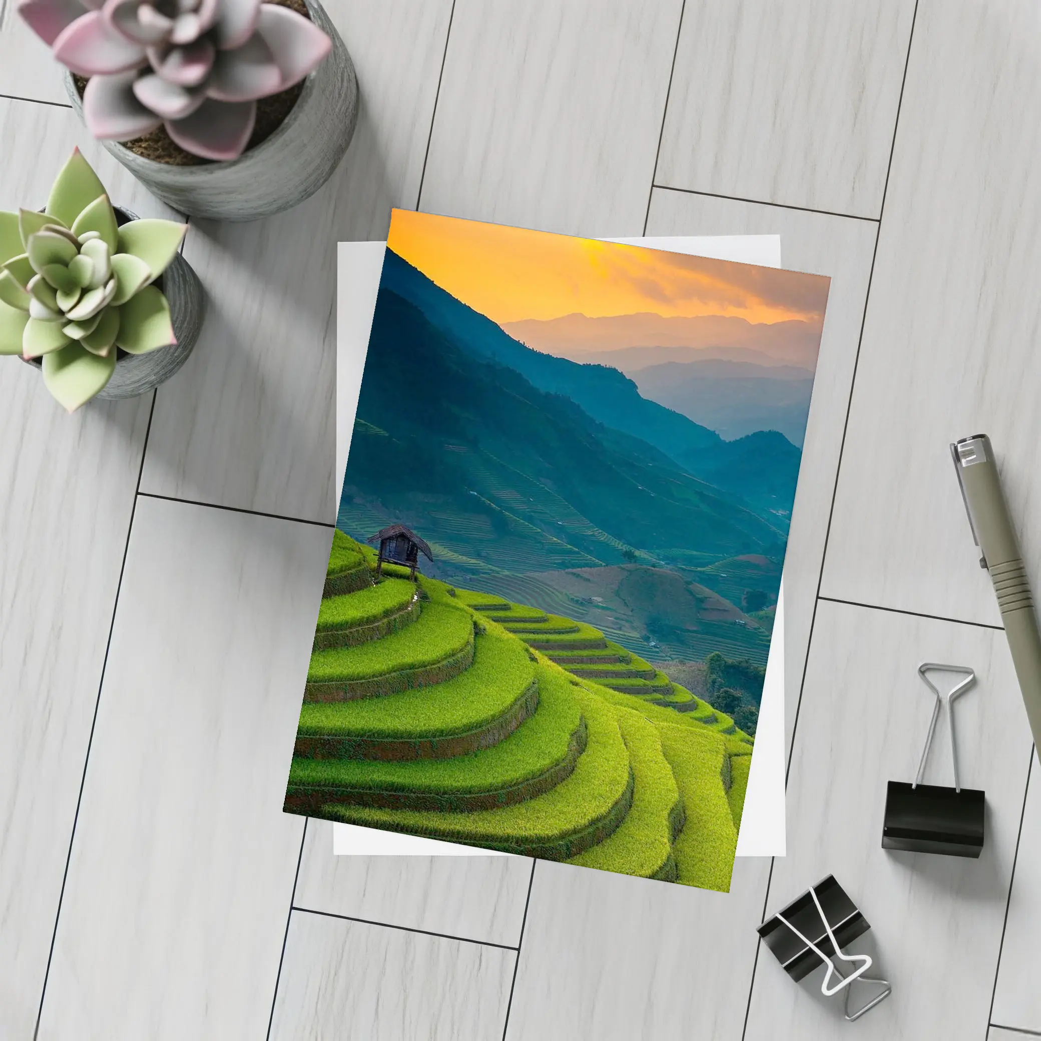 Rice Fields Sunset Mountain Valley Landscape – Postcards