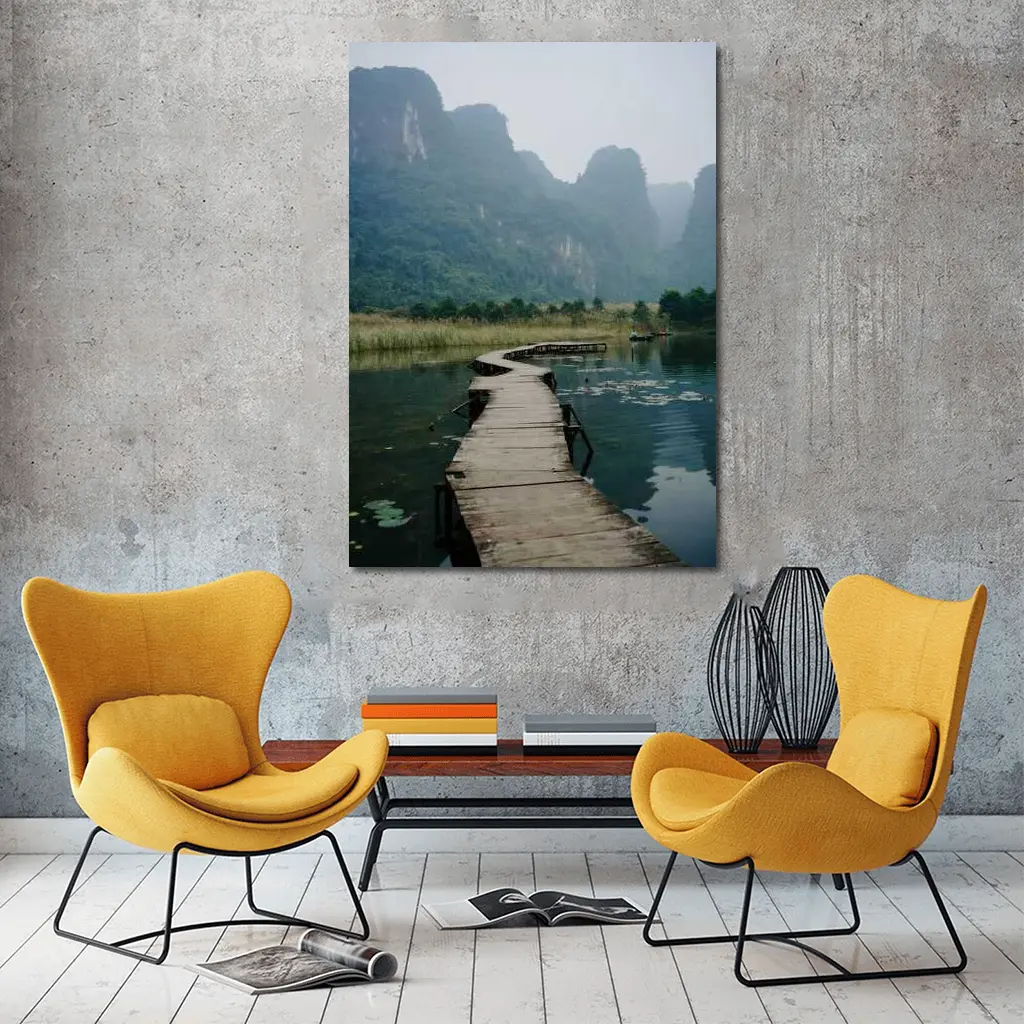 Wooden Dock Karst Mountains Misty Lake – Wall Art