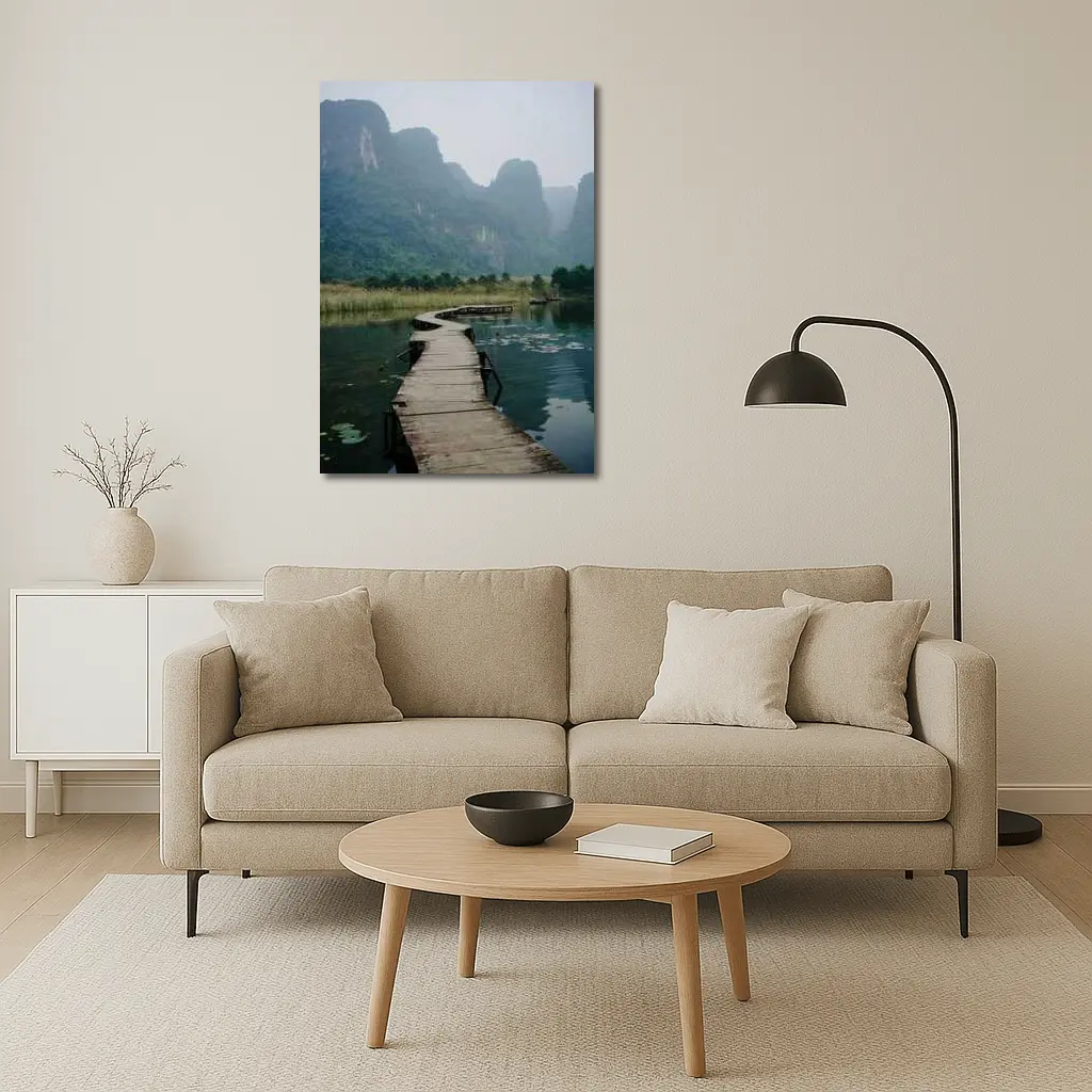 Wooden Dock Karst Mountains Misty Lake – Wall Art