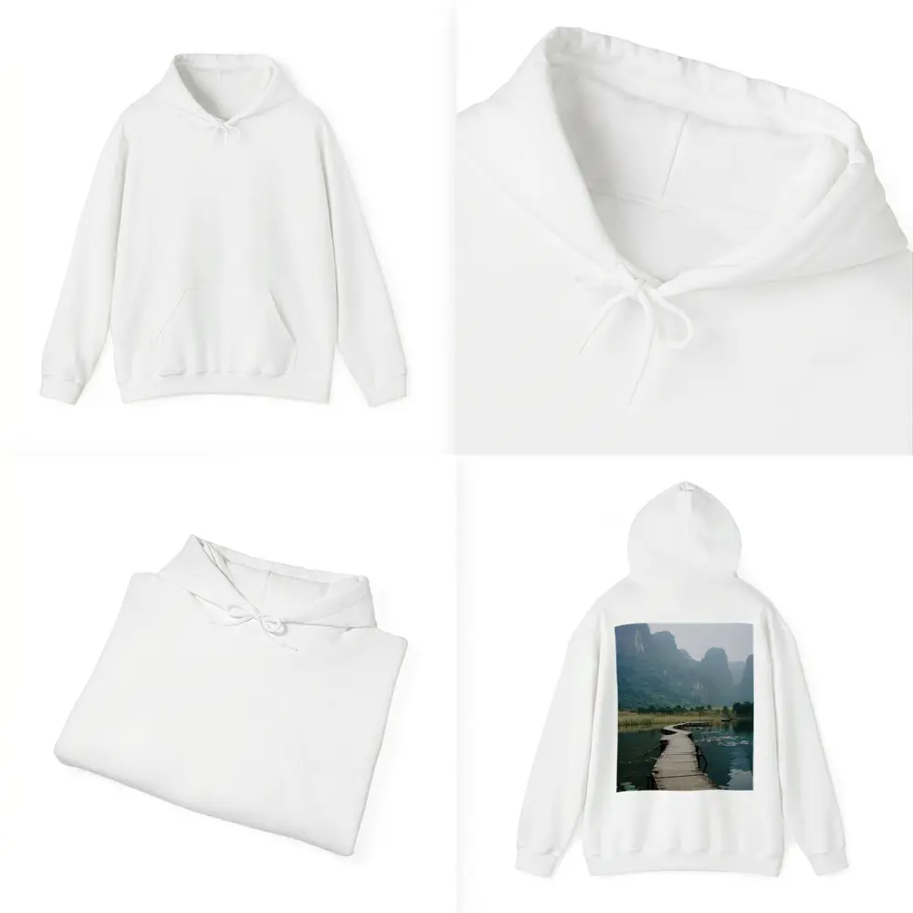 Wooden Dock Karst Mountains Misty Lake – Hoodies