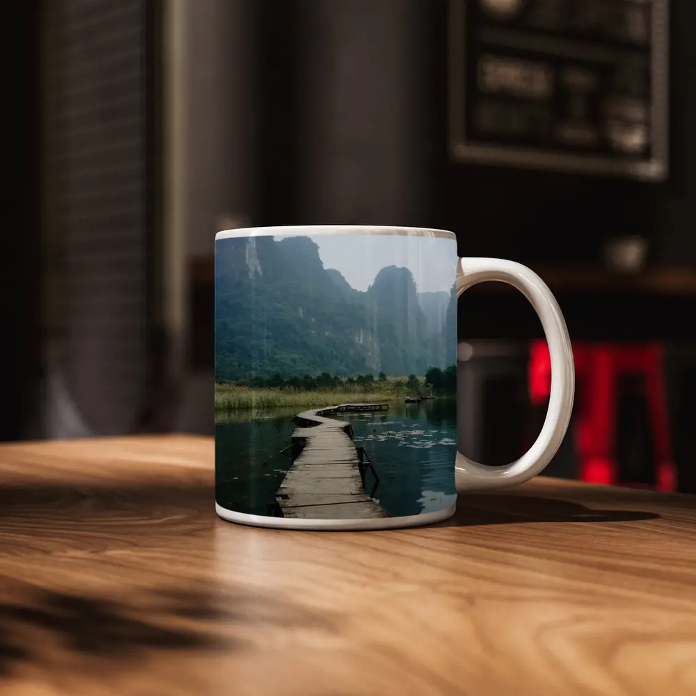 Wooden Dock Karst Mountains Misty Lake – Mugs