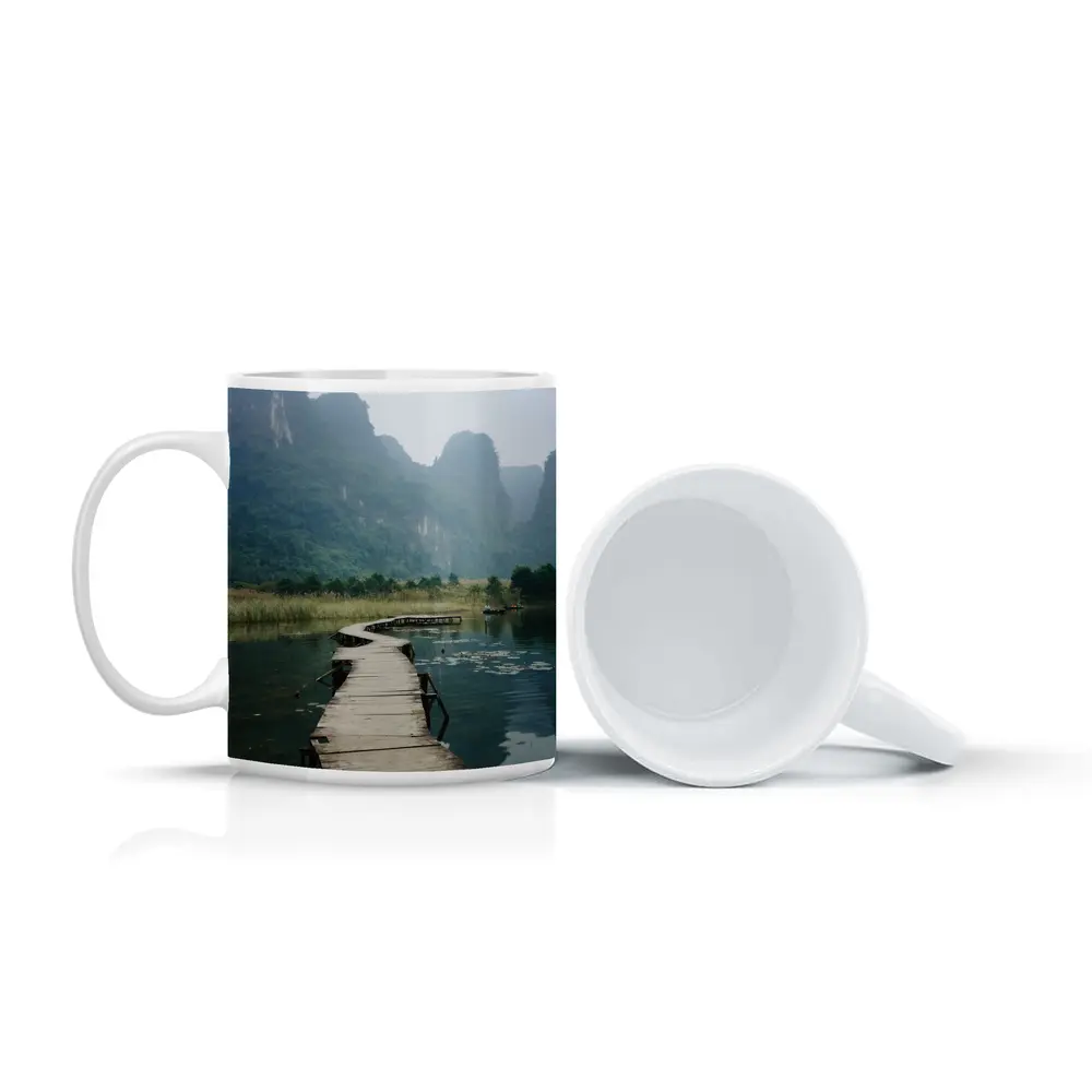Wooden Dock Karst Mountains Misty Lake – Mugs