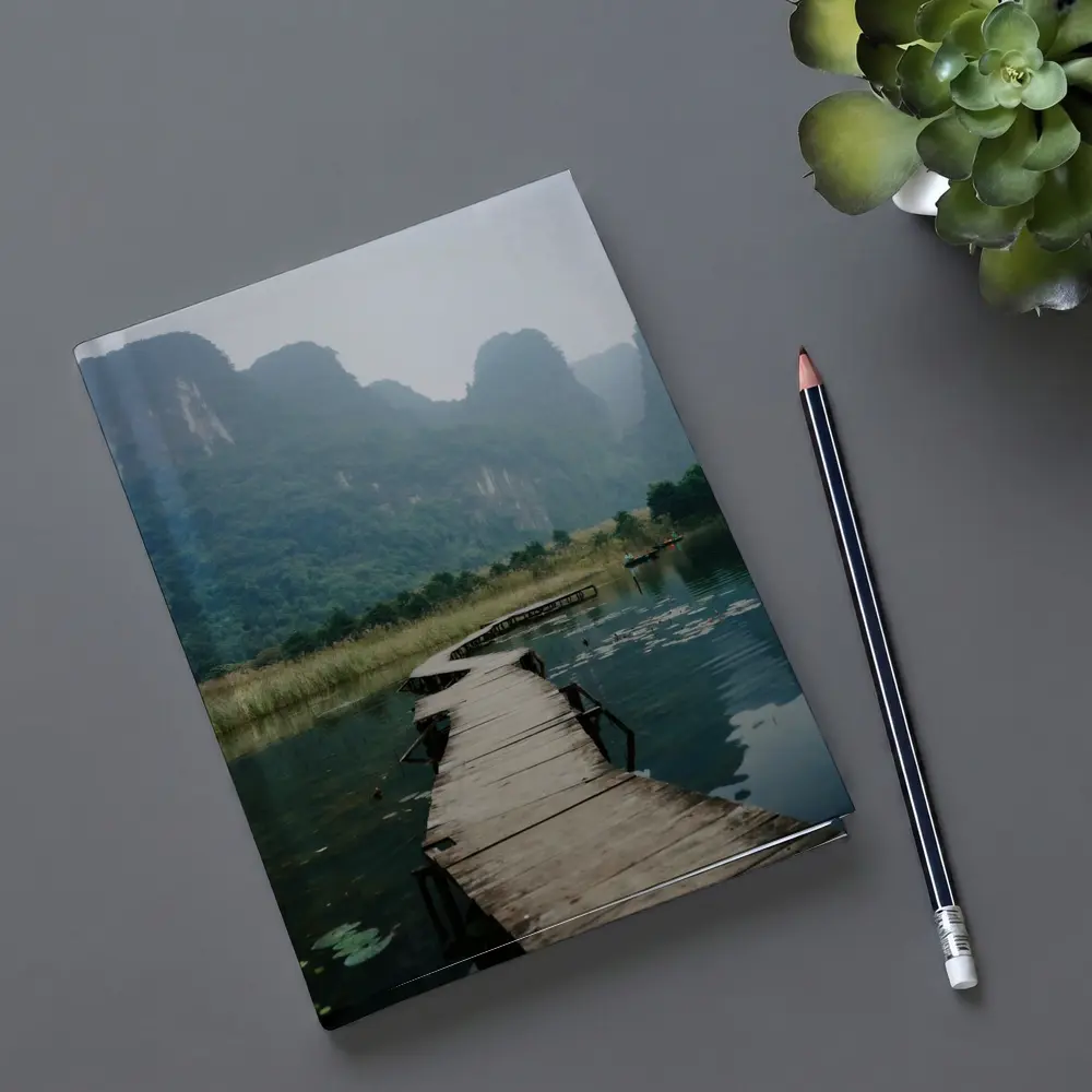 Wooden Dock Karst Mountains Misty Lake – Notebooks