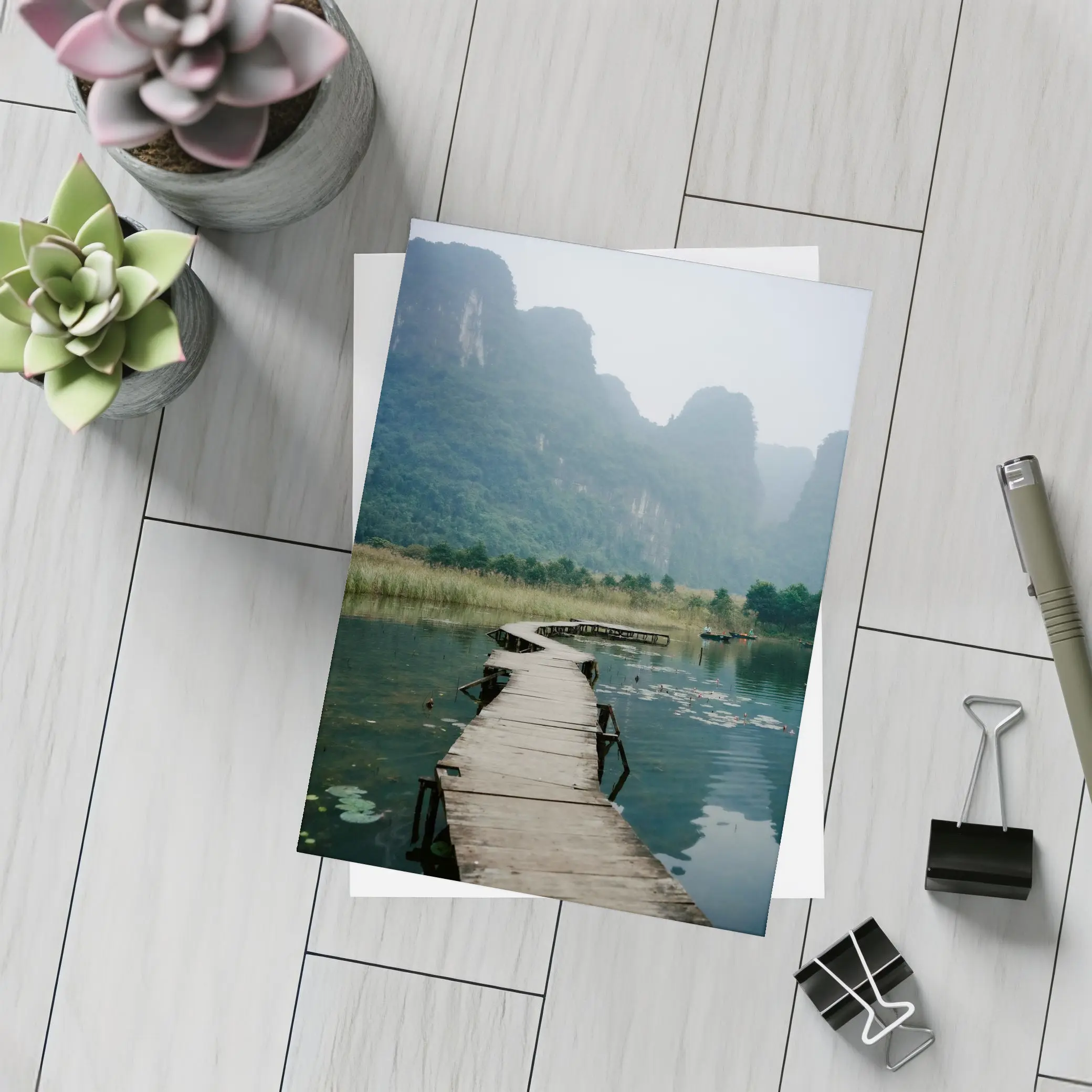 Wooden Dock Karst Mountains Misty Lake – Postcards