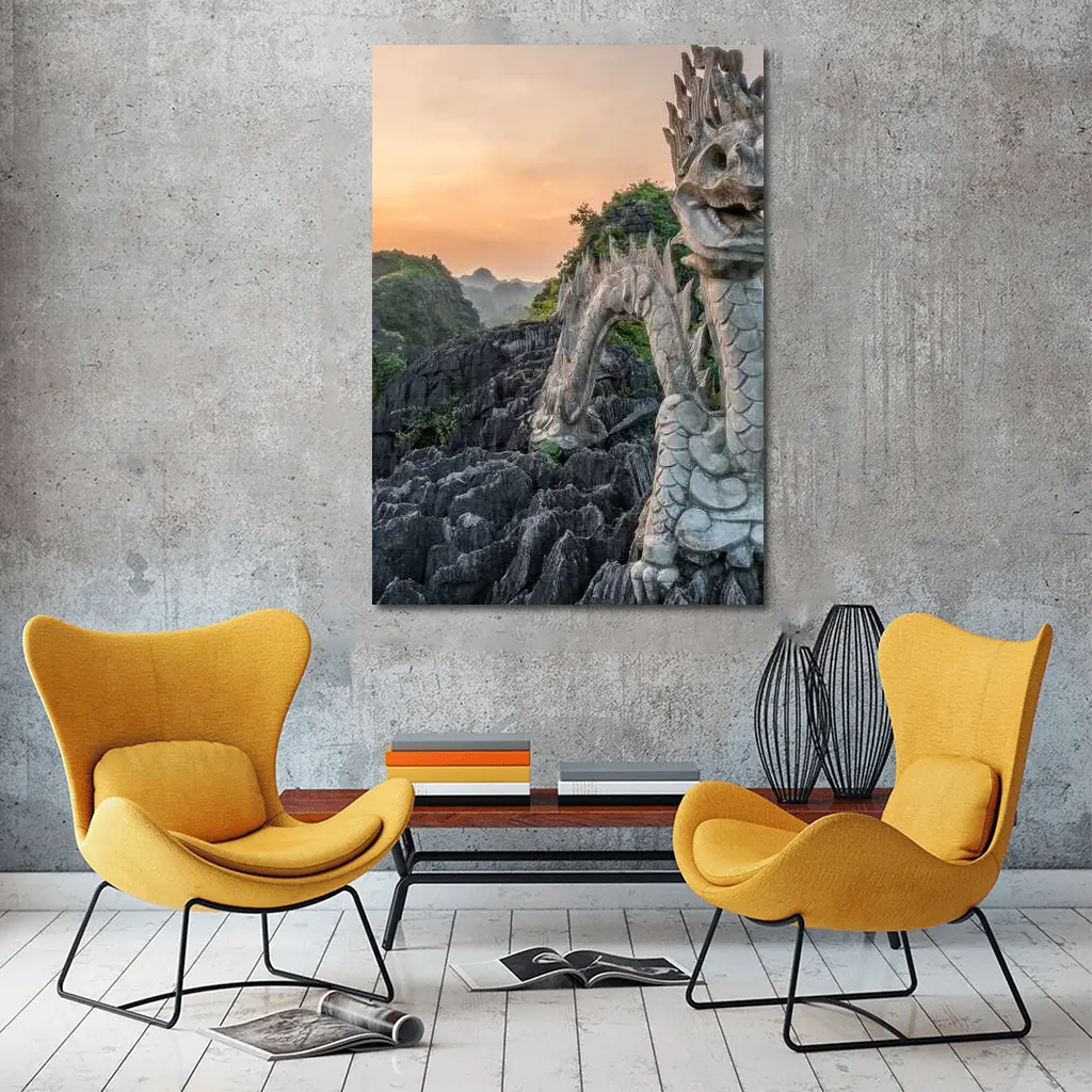 Dragon Statue Rocky Karst Mountains Sunset Vietnam – Wall Art