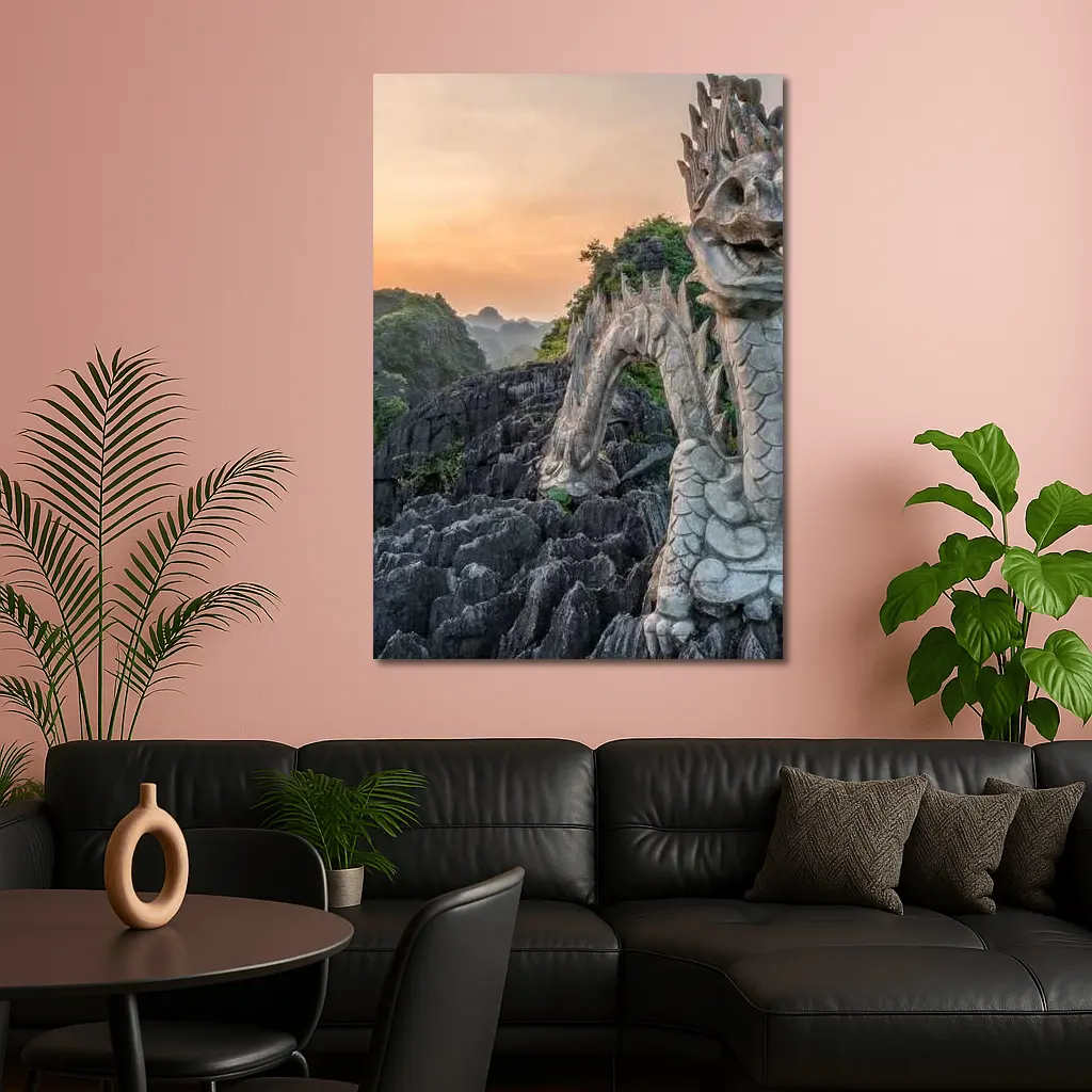 Dragon Statue Rocky Karst Mountains Sunset Vietnam – Wall Art