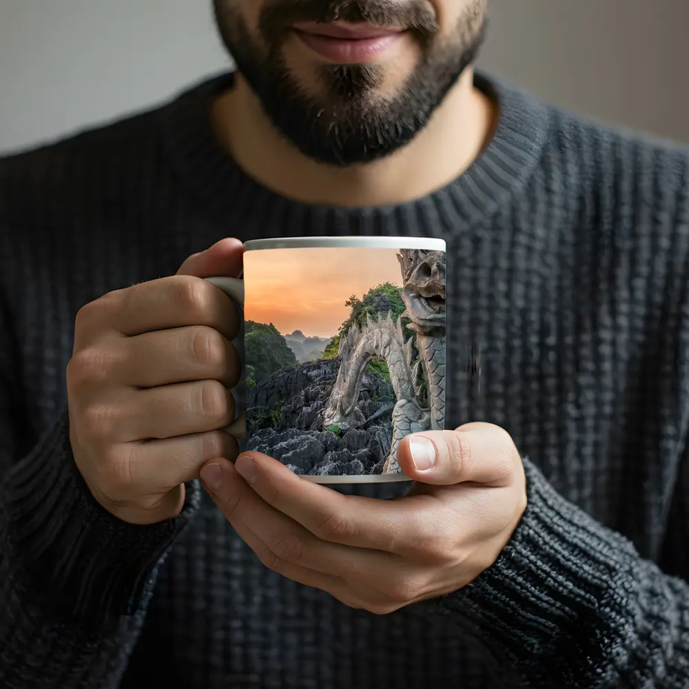 Dragon Statue Rocky Karst Mountains Sunset Vietnam – Mugs
