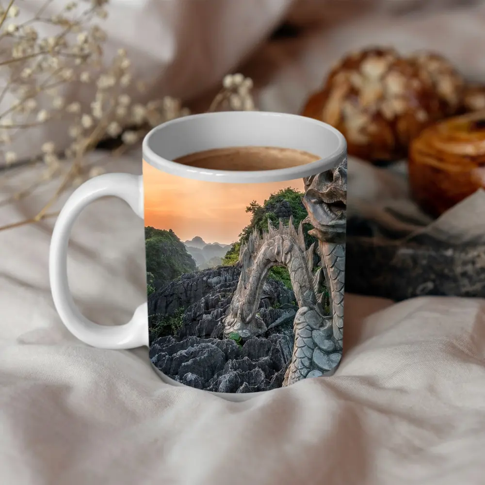 Dragon Statue Rocky Karst Mountains Sunset Vietnam – Mugs