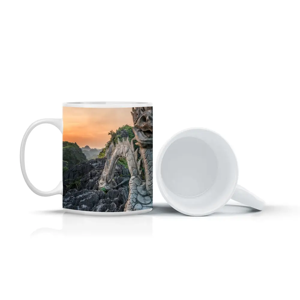 Dragon Statue Rocky Karst Mountains Sunset Vietnam – Mugs