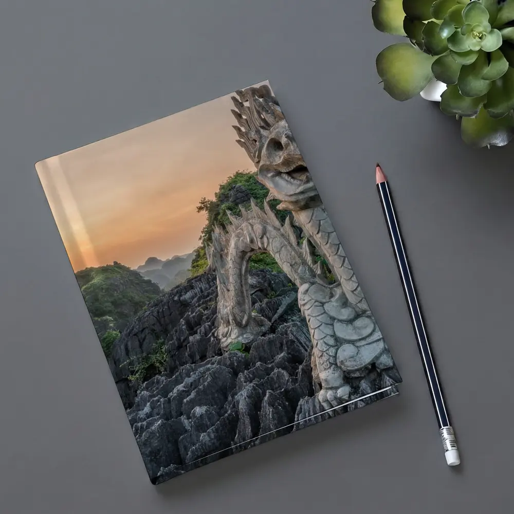 Dragon Statue Rocky Karst Mountains Sunset Vietnam – Notebooks