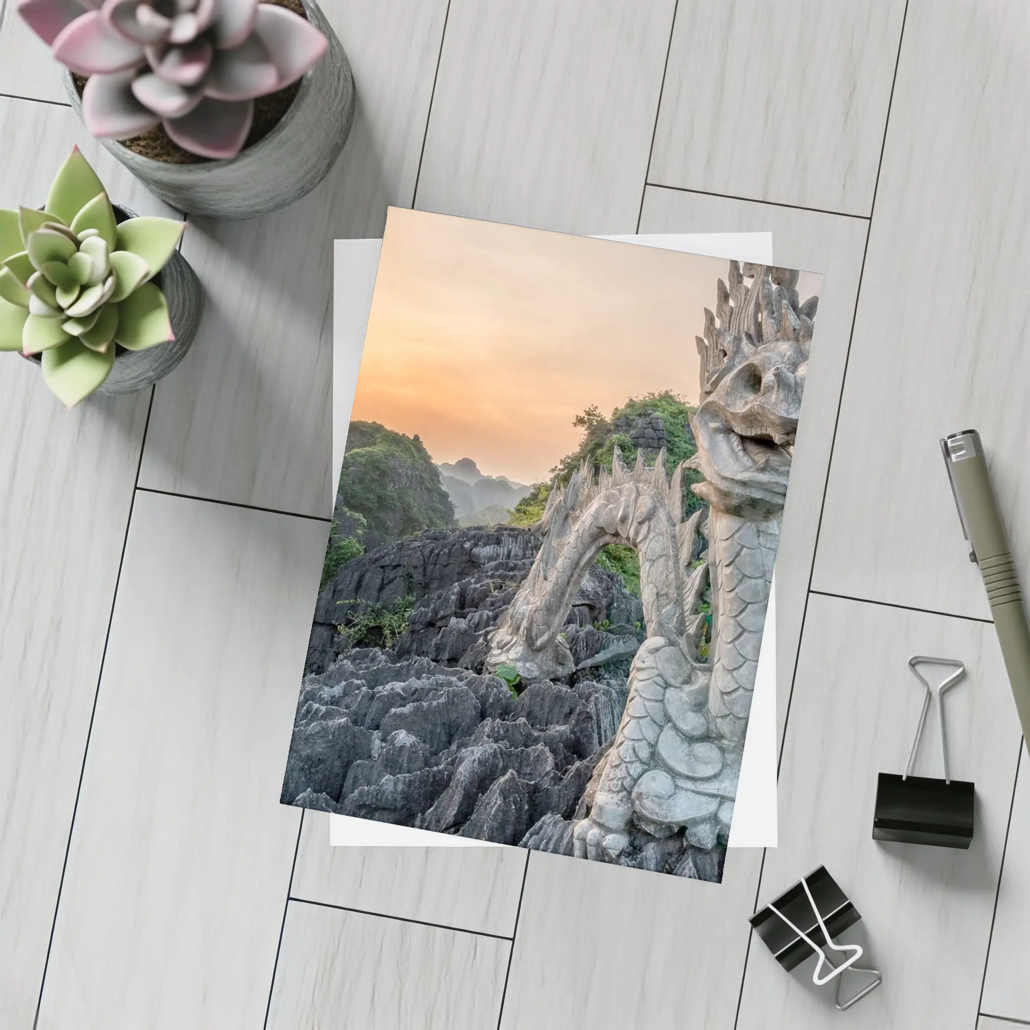 Dragon Statue Rocky Karst Mountains Sunset Vietnam – Postcards