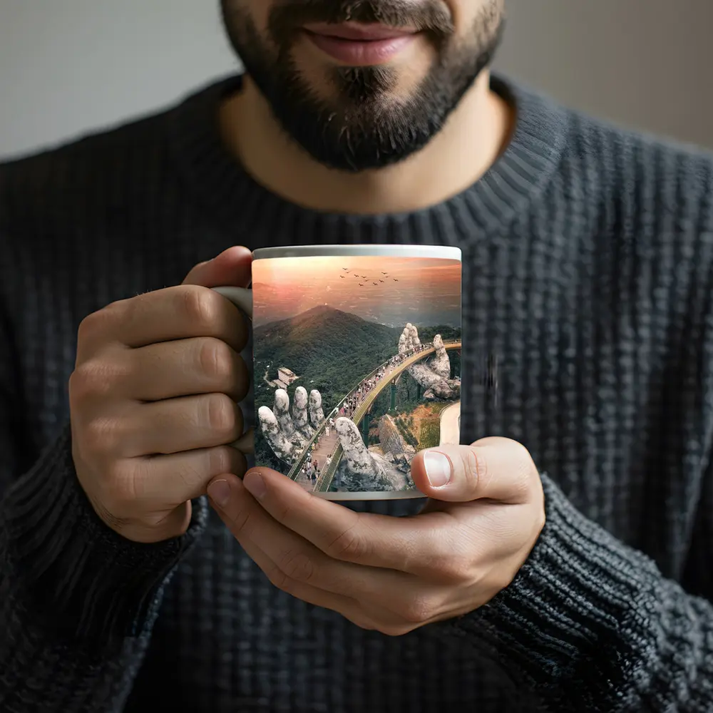 Golden Bridge Giant Hands Vietnam Sunset – Mugs