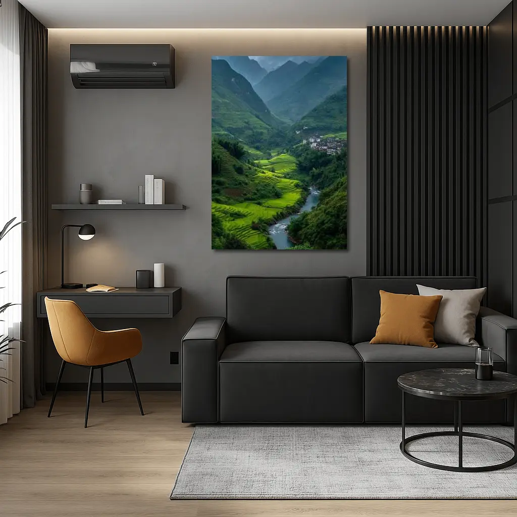 Green Rice Fields Valley Mountain River – Wall Art