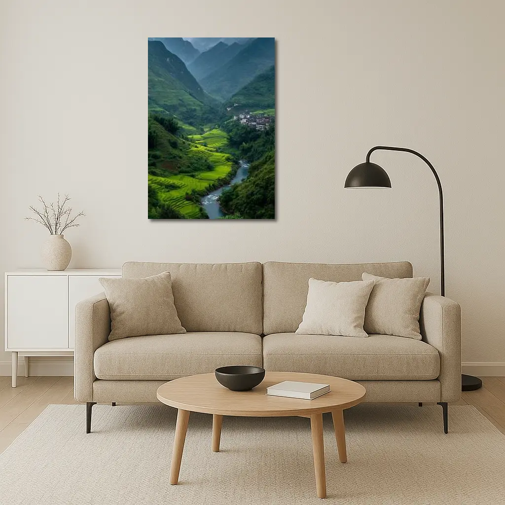 Green Rice Fields Valley Mountain River – Wall Art