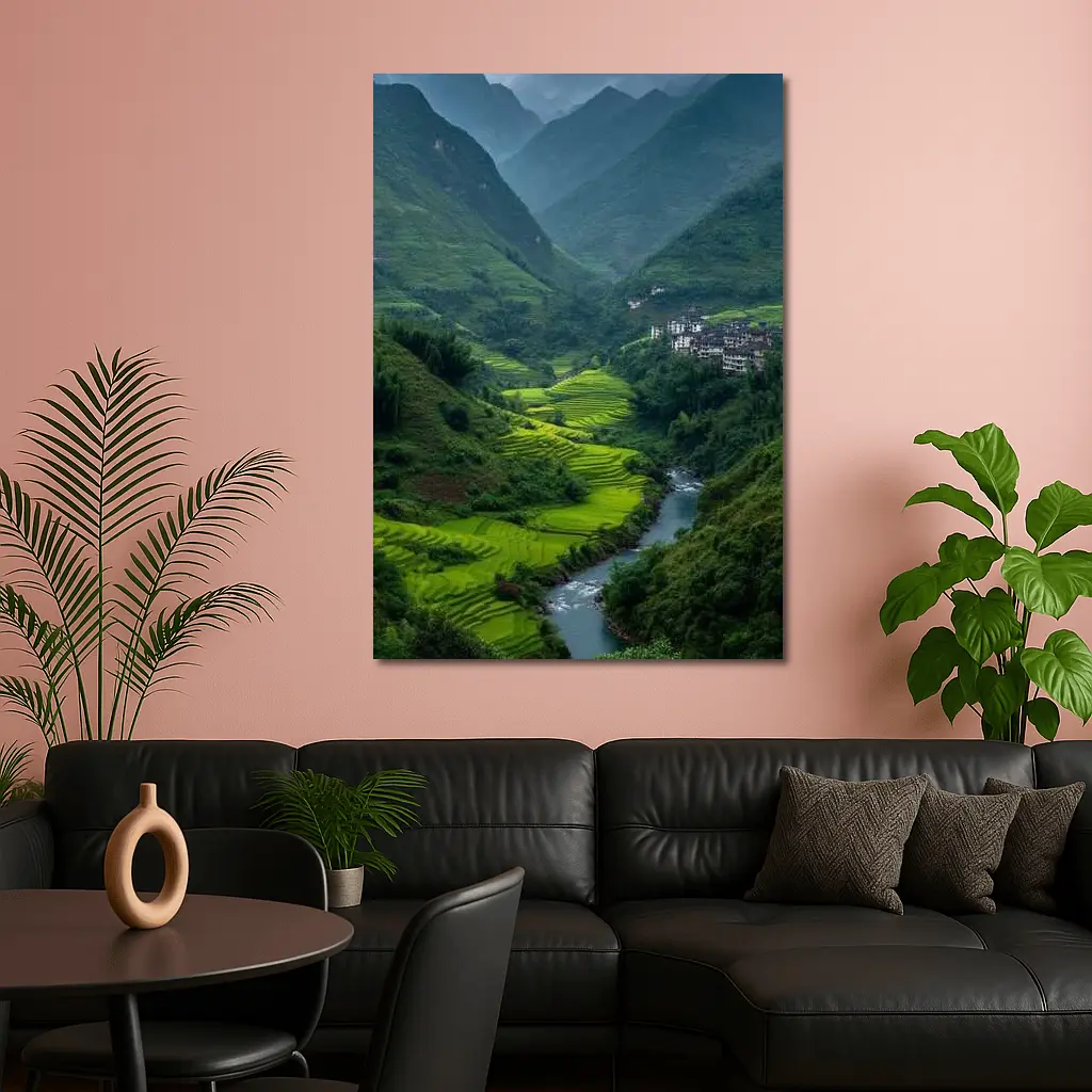 Green Rice Fields Valley Mountain River – Wall Art