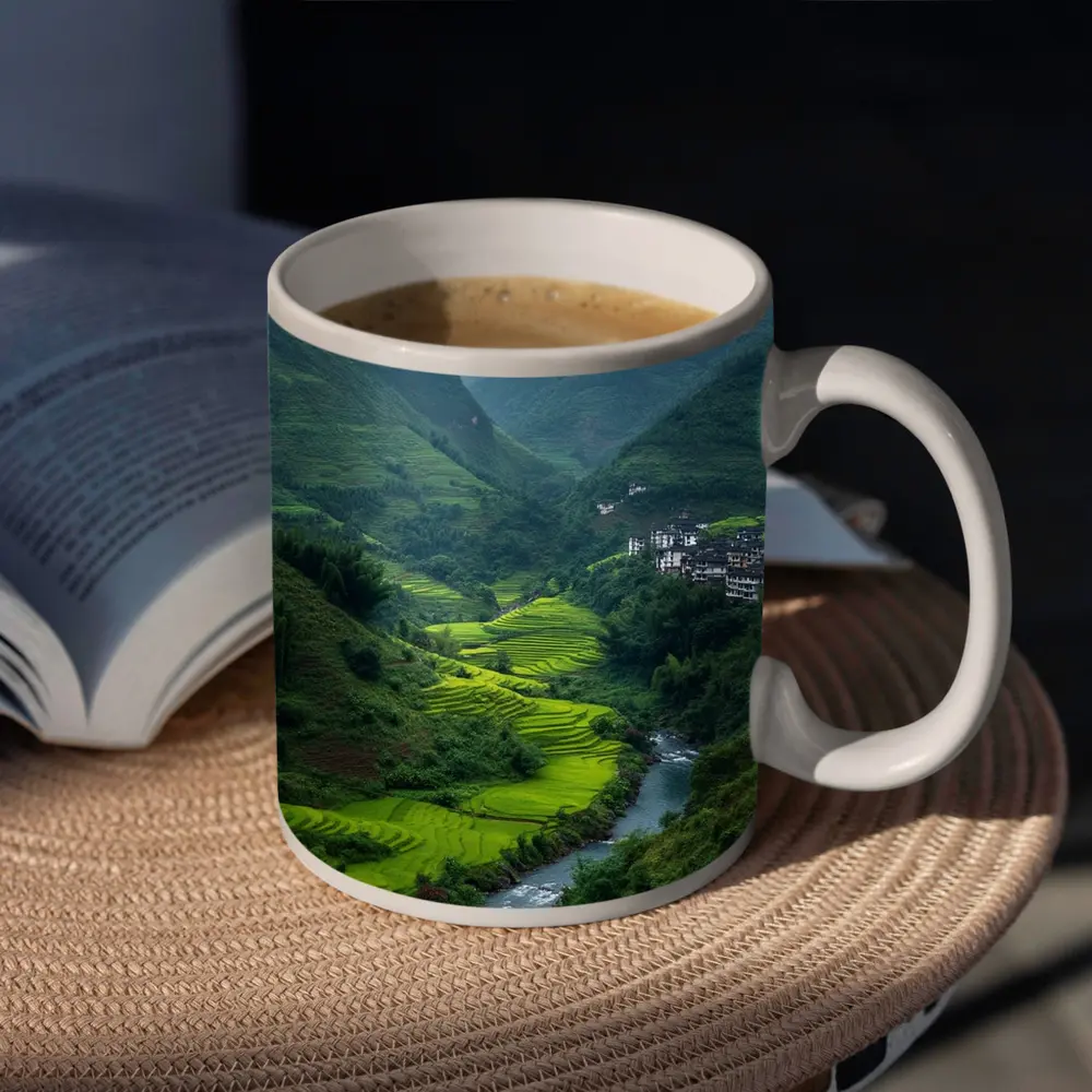 Green Rice Fields Valley Mountain River – Mugs