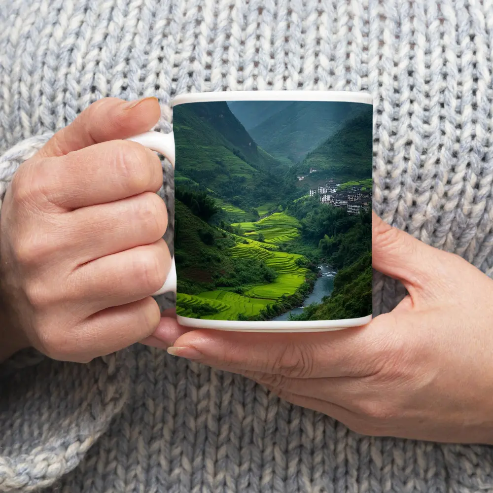 Green Rice Fields Valley Mountain River – Mugs