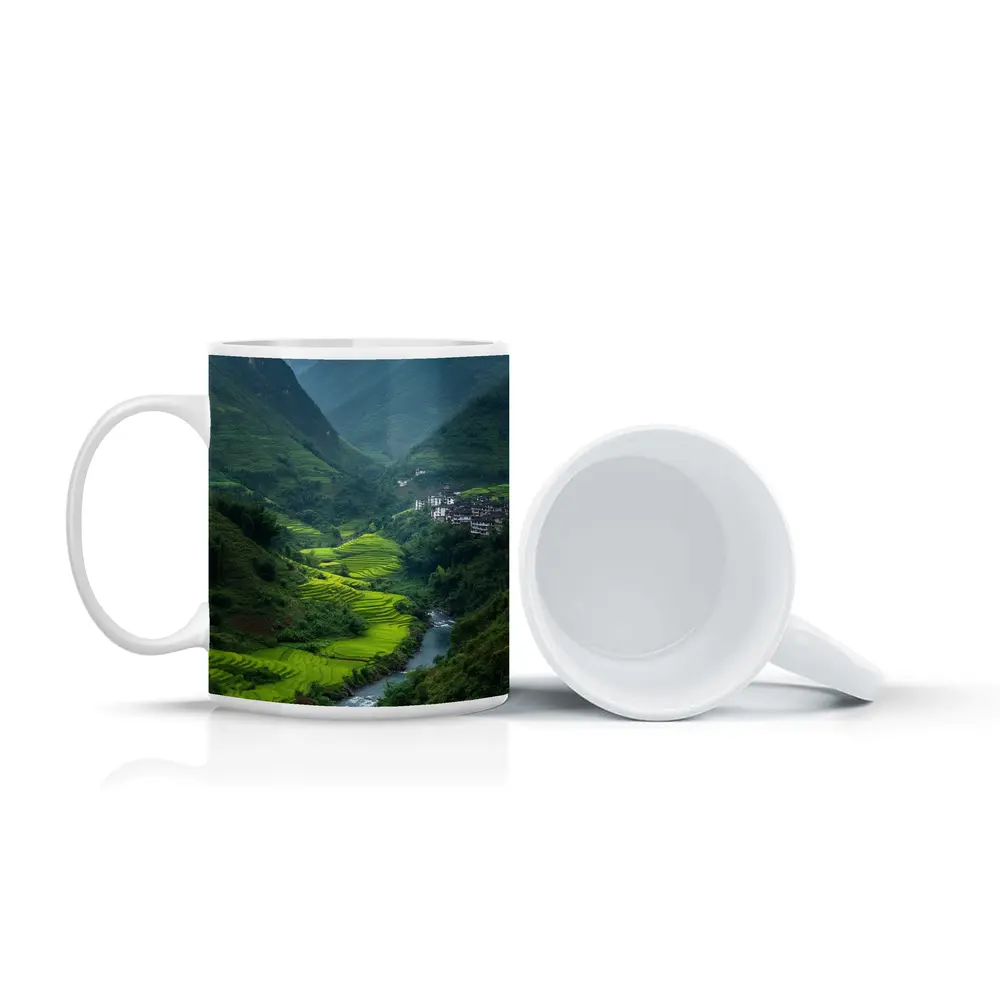 Green Rice Fields Valley Mountain River – Mugs
