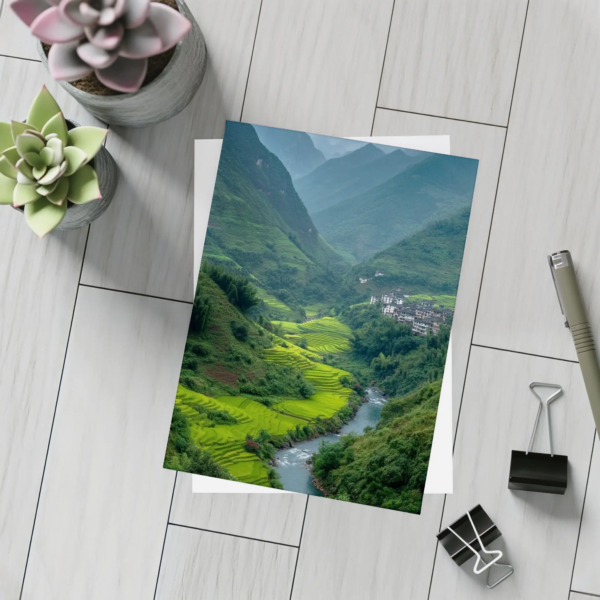 Green Rice Fields Valley Mountain River – Postcards