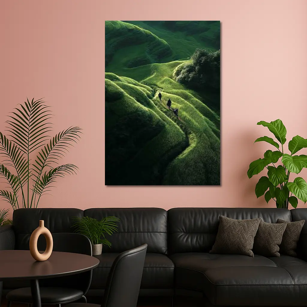 People Walking Through Lush Green Rice Fields – Wall Art