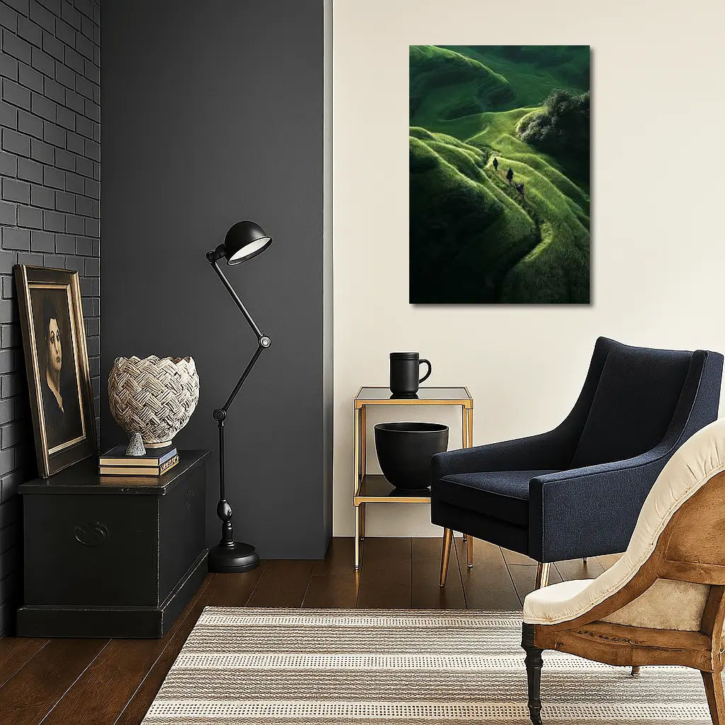 People Walking Through Lush Green Rice Fields – Wall Art