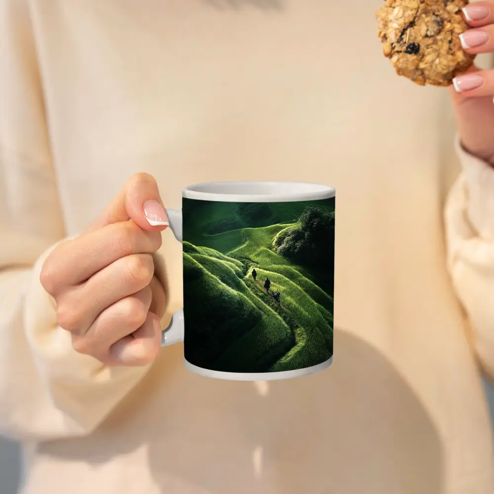 People Walking Through Lush Green Rice Fields – Mugs