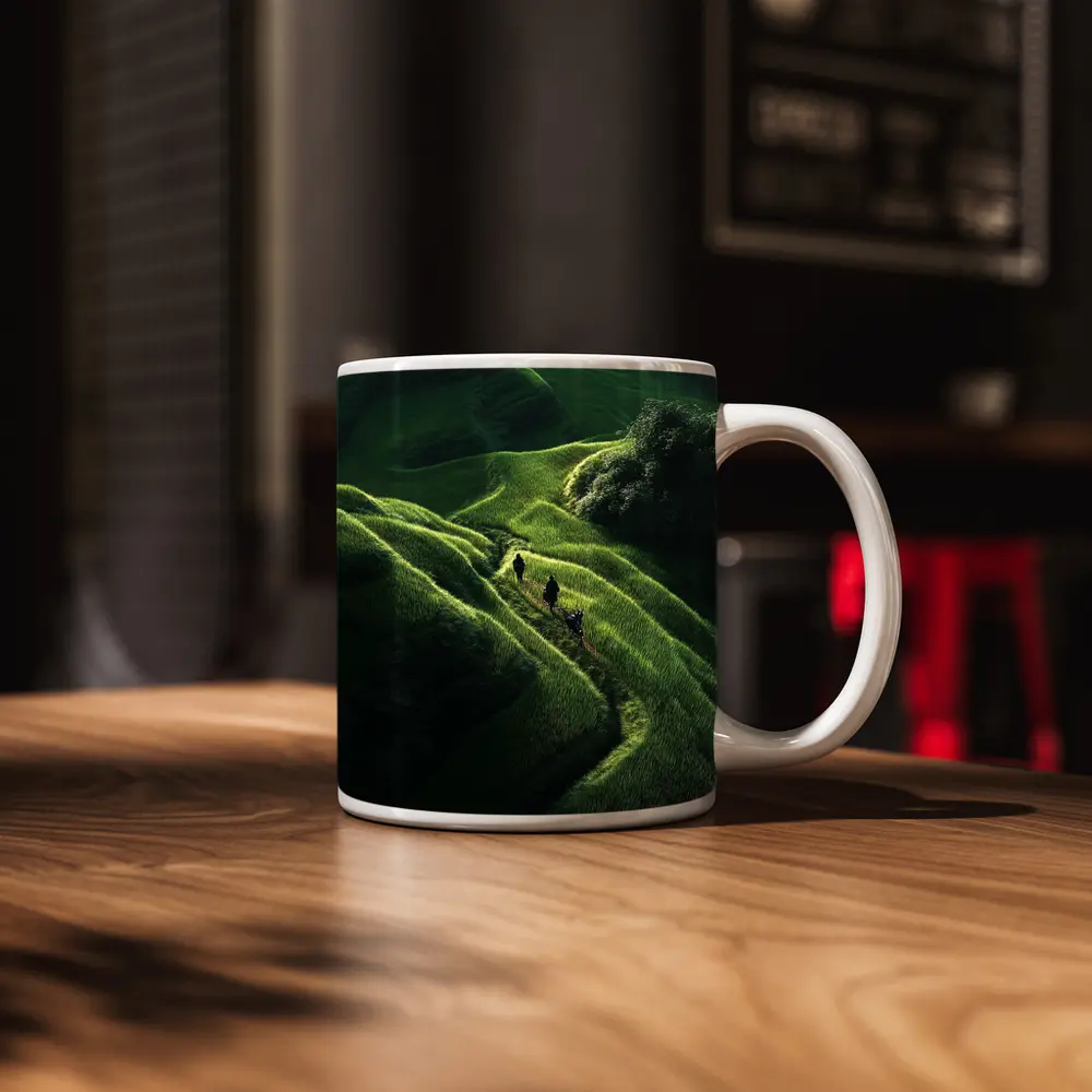 People Walking Through Lush Green Rice Fields – Mugs