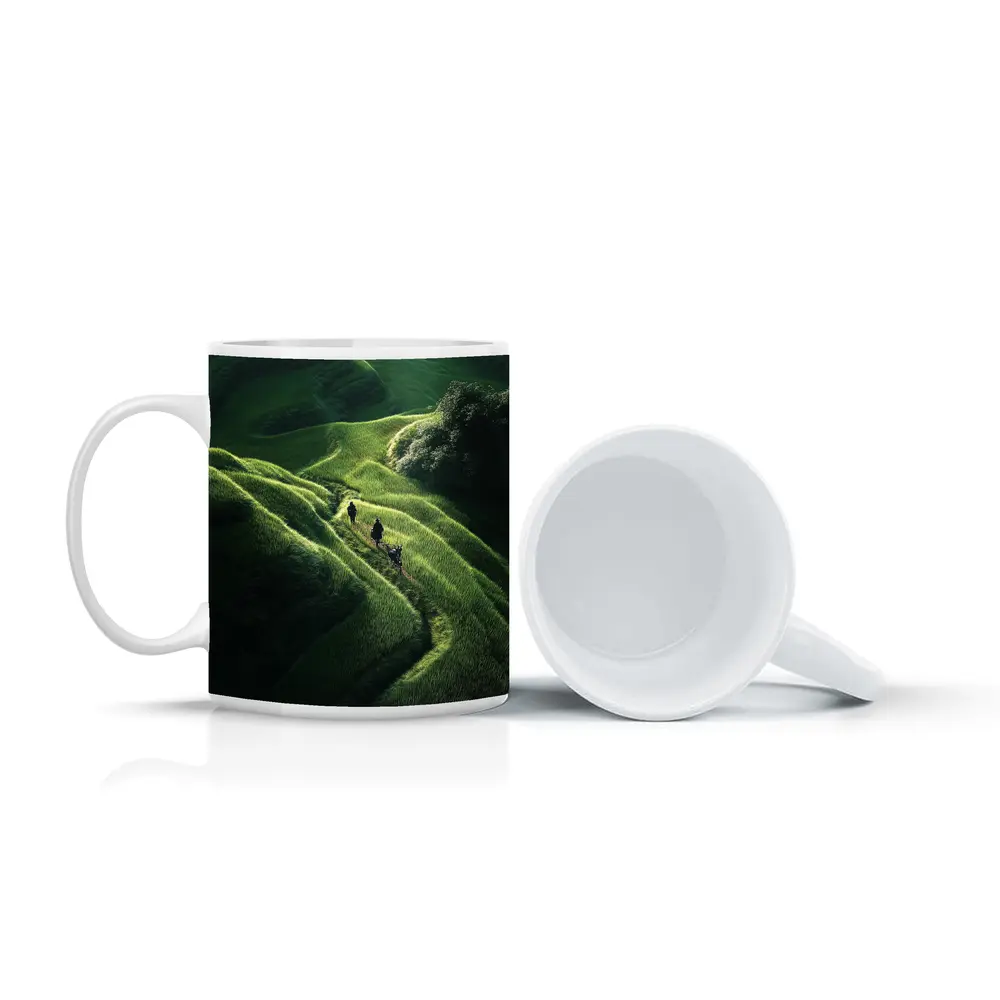 People Walking Through Lush Green Rice Fields – Mugs