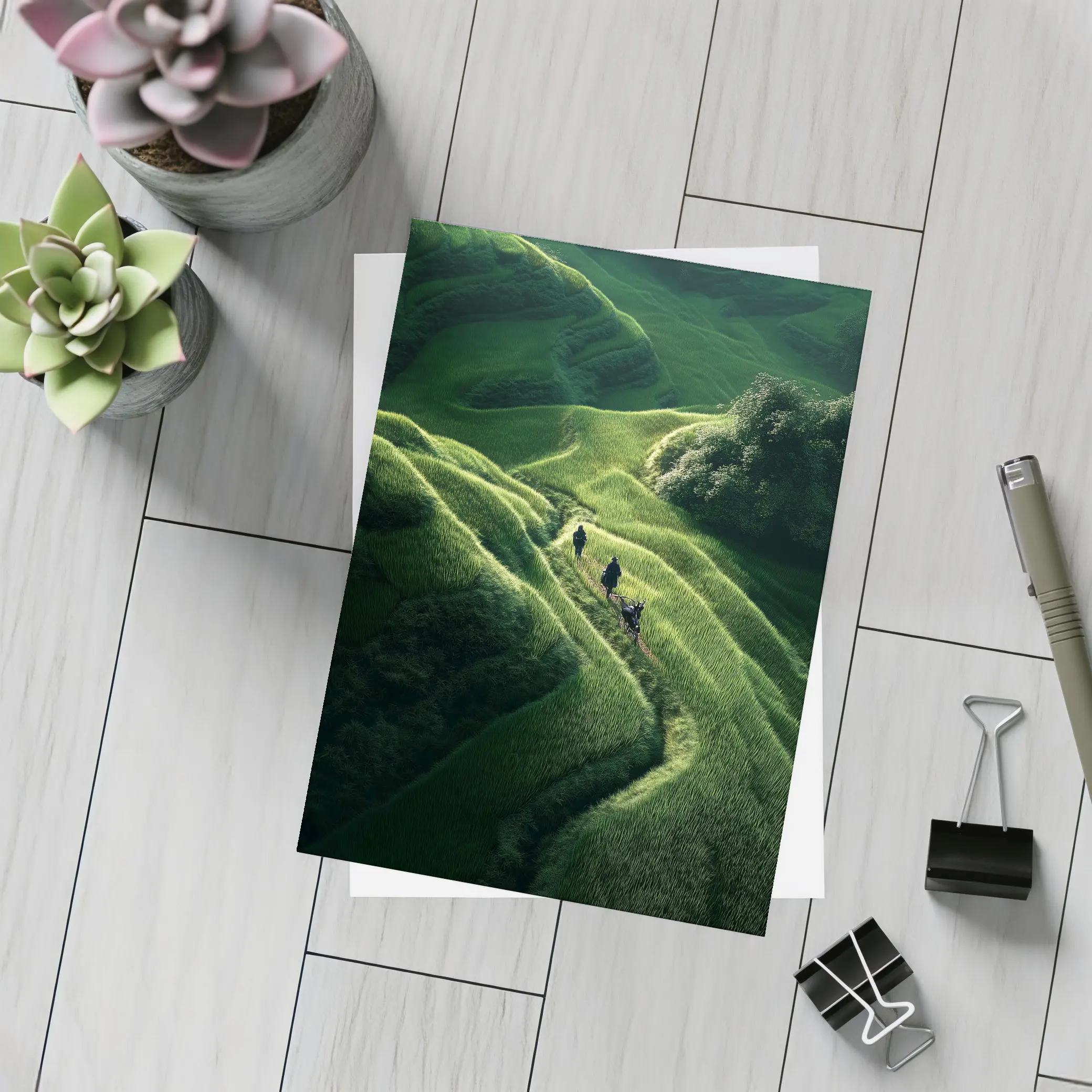 People Walking Through Lush Green Rice Fields – Postcards